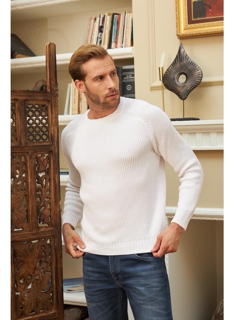 Odelon Crew Neck Selanik Knitted Cotton Men's White Knitwear Sweater - Image 3